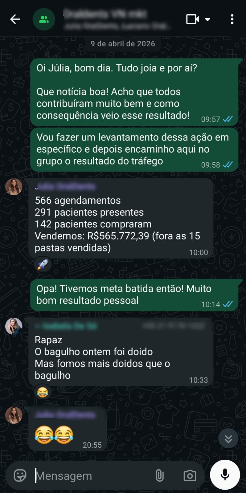 Print de conversa no WhatsApp com resultado de agendamentos e vendas