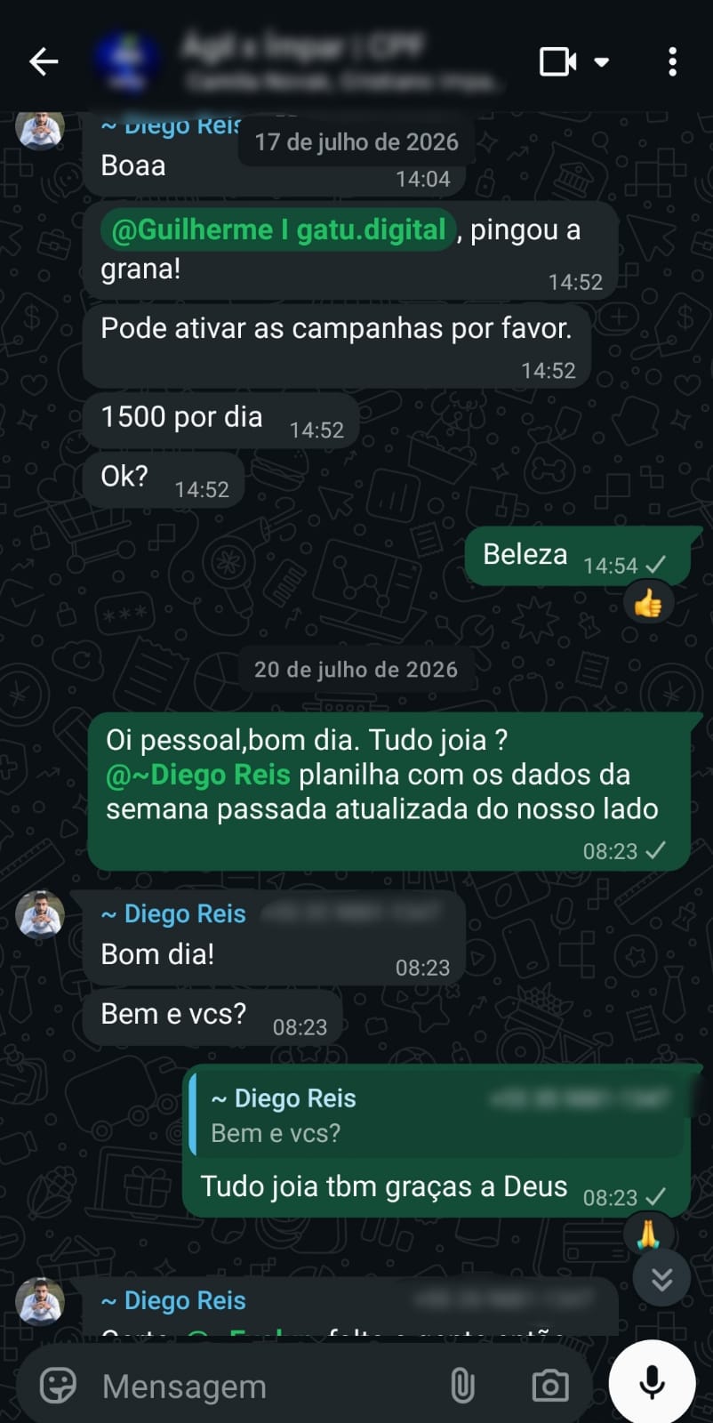 Print de conversa no WhatsApp sobre campanhas e resultado diário