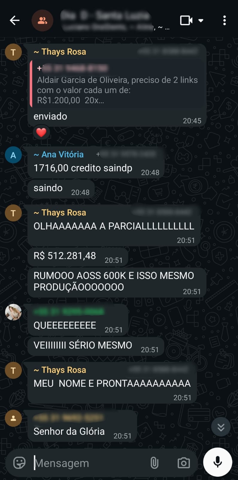 Print de conversa no WhatsApp com resultado de produção